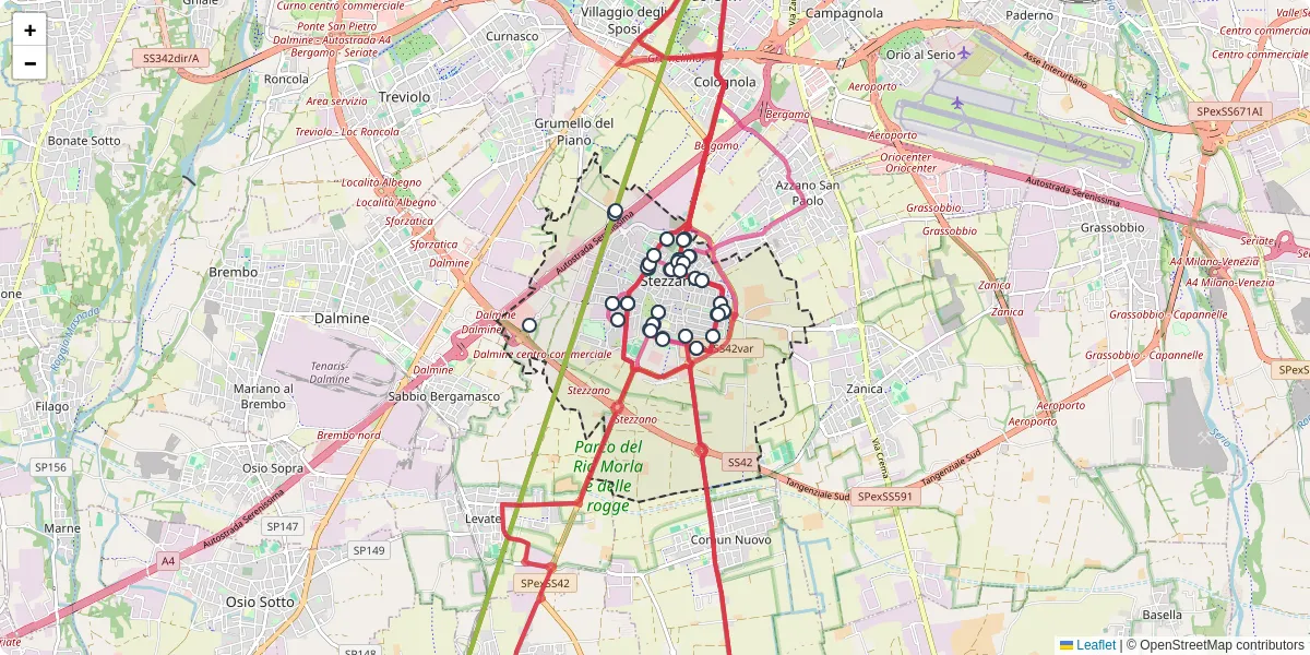 Mappa dettagliata del trasporto pubblico a Stezzano con linee autobus, tram e collegamenti