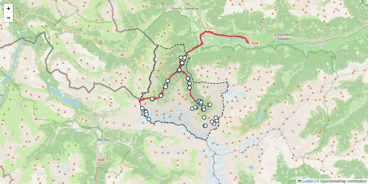 Mappa dettagliata del trasporto pubblico a Stilfs - Stelvio con linee autobus, tram e collegamenti