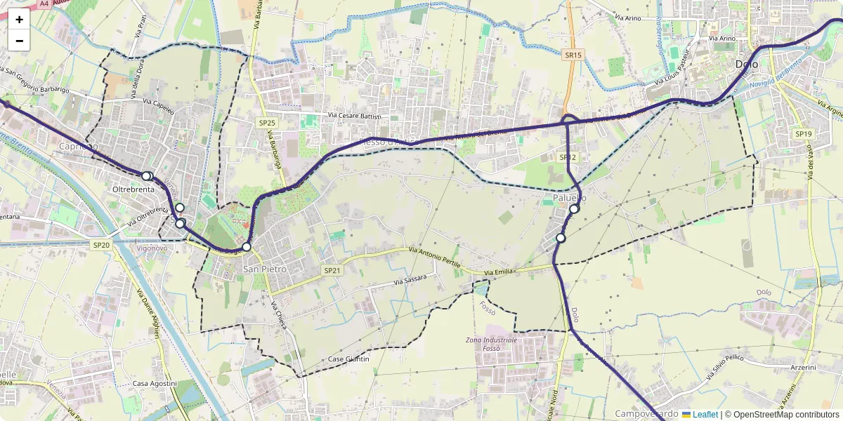 Mappa dettagliata del trasporto pubblico a Stra con linee autobus, tram e collegamenti