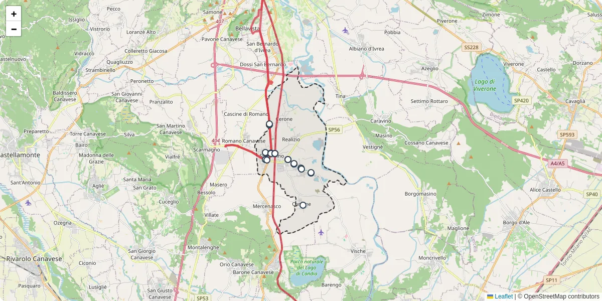 Mappa dettagliata del trasporto pubblico a Strambino con linee autobus, tram e collegamenti
