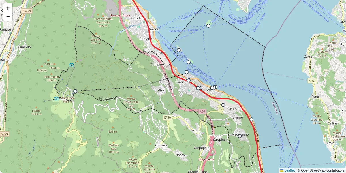 Mappa dettagliata del trasporto pubblico a Stresa con linee autobus, tram e collegamenti