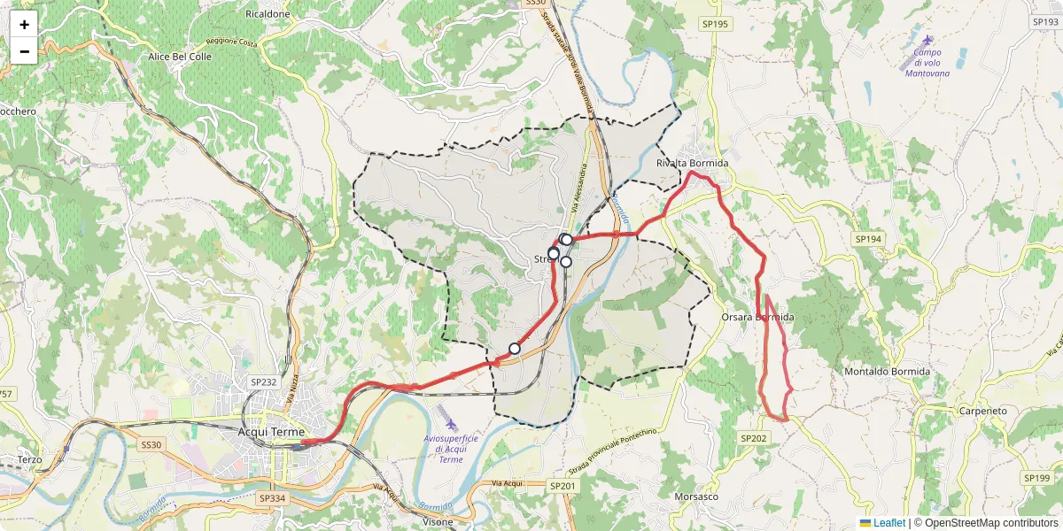 Mappa dettagliata del trasporto pubblico a Strevi con linee autobus, tram e collegamenti
