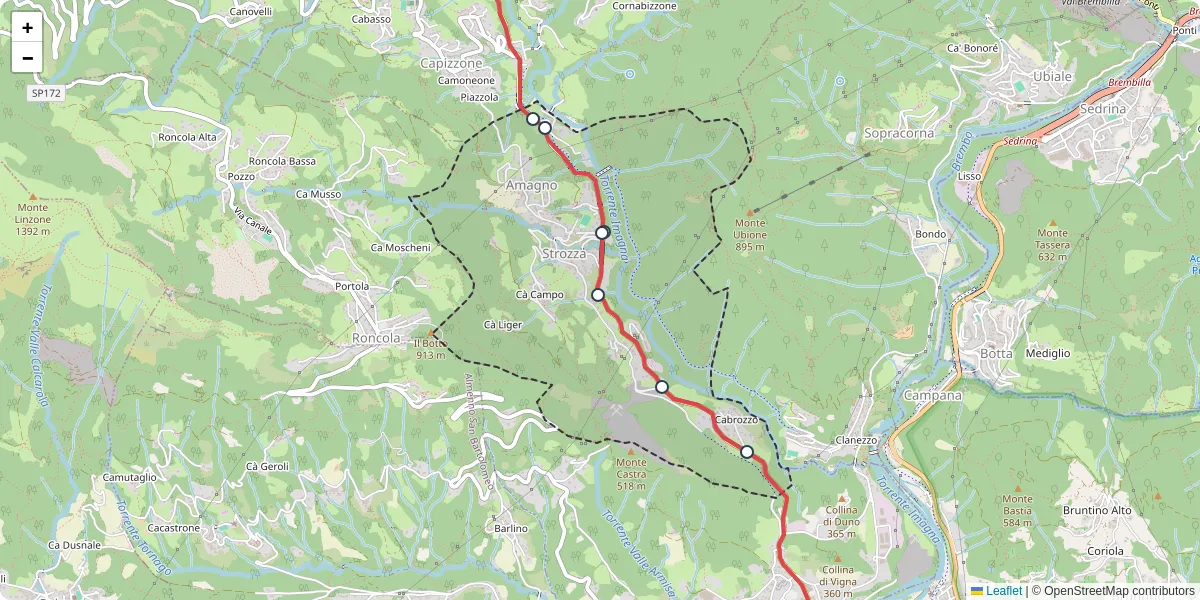 Mappa dettagliata del trasporto pubblico a Strozza con linee autobus, tram e collegamenti