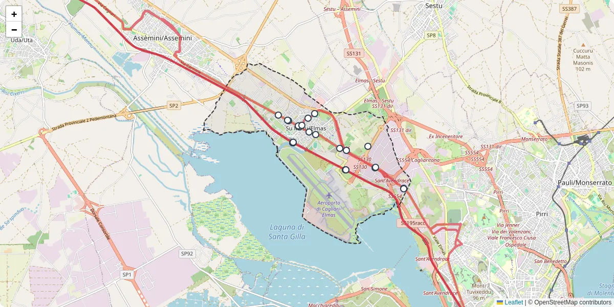 Mappa dettagliata del trasporto pubblico a Su Masu/Elmas con linee autobus, tram e collegamenti