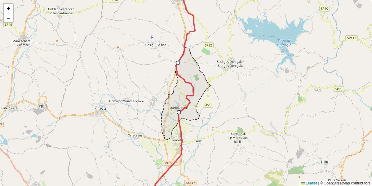Mappa dettagliata del trasporto pubblico a Sueddi/Suelli con linee autobus, tram e collegamenti