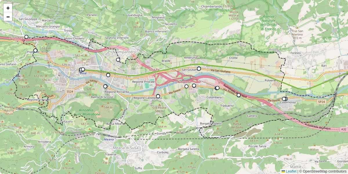 Mappa dettagliata del trasporto pubblico a Susa con linee autobus, tram e collegamenti