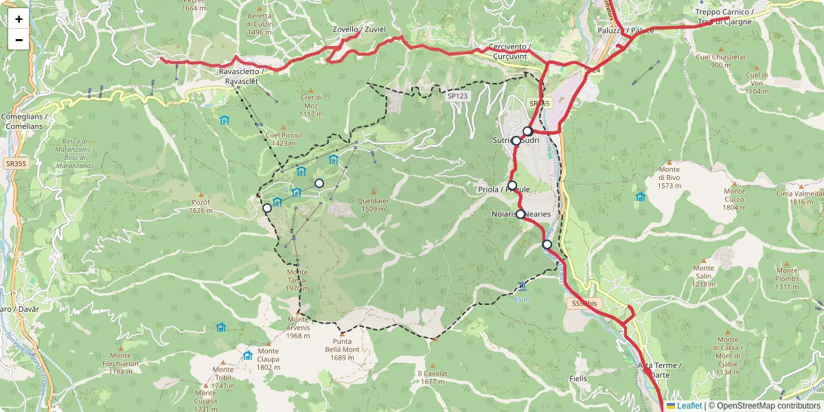 Mappa dettagliata del trasporto pubblico a Sutrio / Sudri con linee autobus, tram e collegamenti