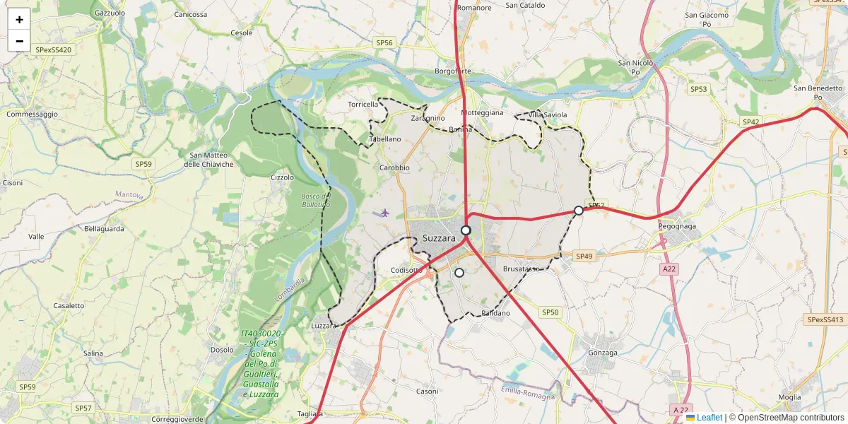 Mappa dettagliata del trasporto pubblico a Suzzara con linee autobus, tram e collegamenti