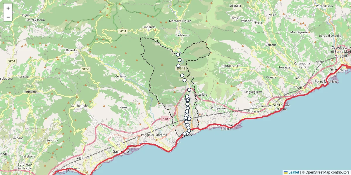 Mappa dettagliata del trasporto pubblico a Taggia con linee autobus, tram e collegamenti