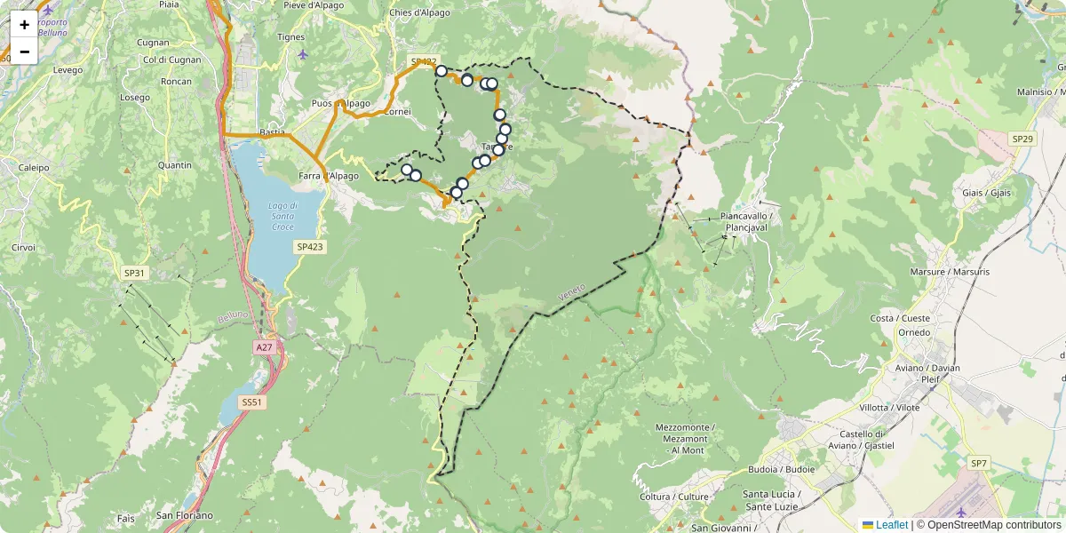 Mappa dettagliata del trasporto pubblico a Tambre con linee autobus, tram e collegamenti