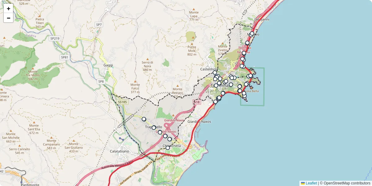 Mappa dettagliata del trasporto pubblico a Taormina con linee autobus, tram e collegamenti