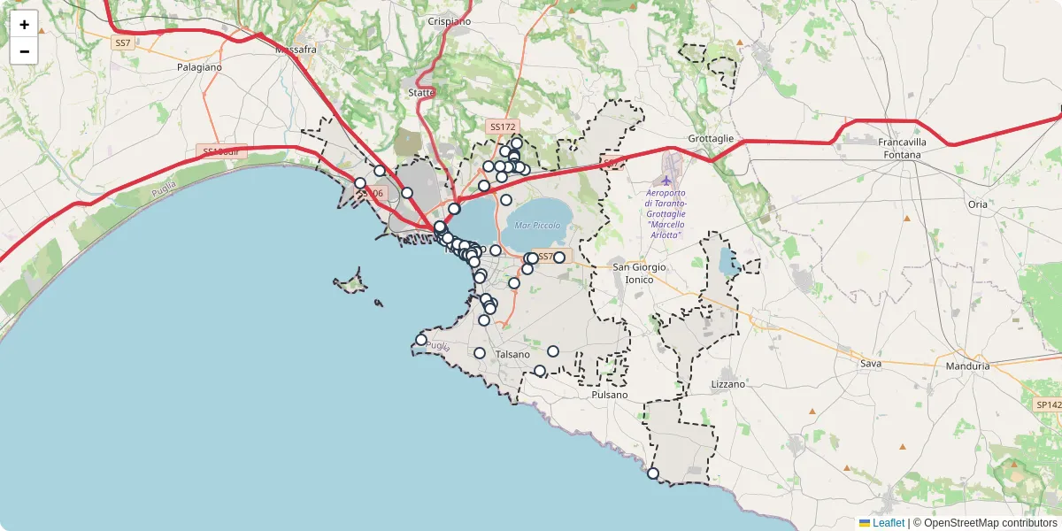 Mappa dettagliata del trasporto pubblico a Taranto con linee autobus, tram e collegamenti