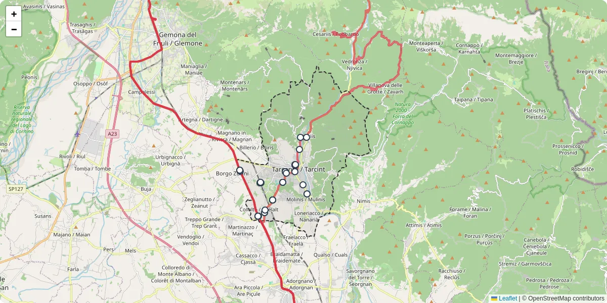 Mappa dettagliata del trasporto pubblico a Tarcento / Tarcint con linee autobus, tram e collegamenti
