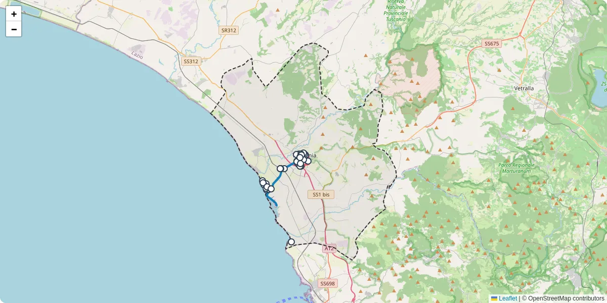 Mappa dettagliata del trasporto pubblico a Tarquinia con linee autobus, tram e collegamenti
