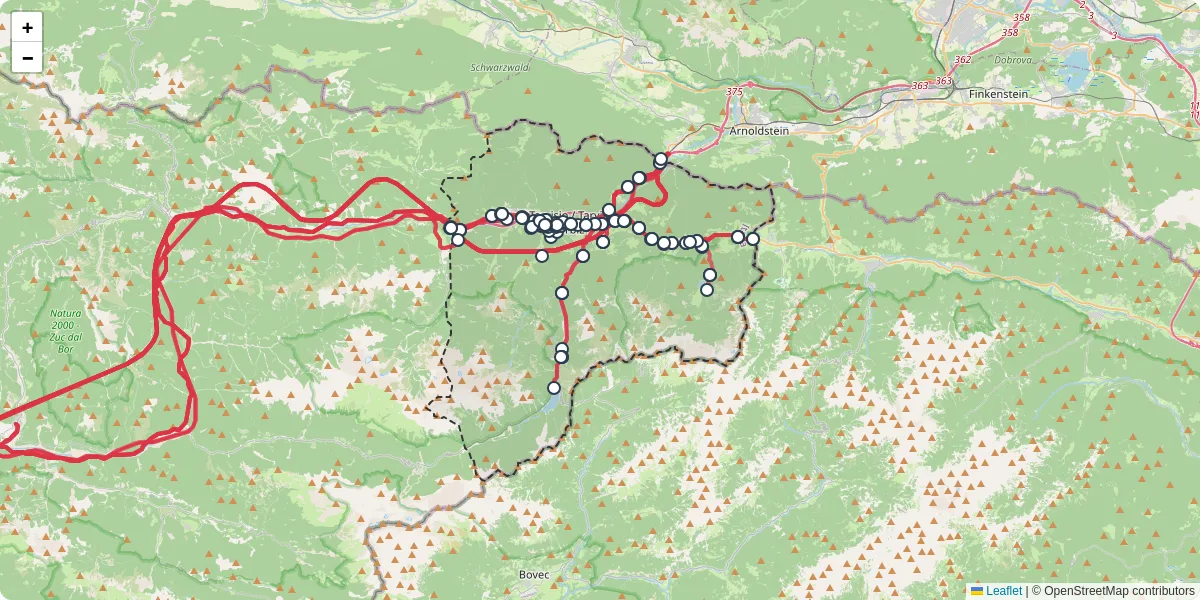 Mappa dettagliata del trasporto pubblico a Tarvisio / Tarvis / Trbiž con linee autobus, tram e collegamenti