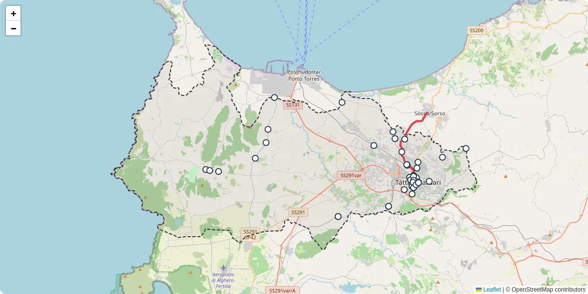 Mappa dettagliata del trasporto pubblico a Tàttari/Sassari con linee autobus, tram e collegamenti