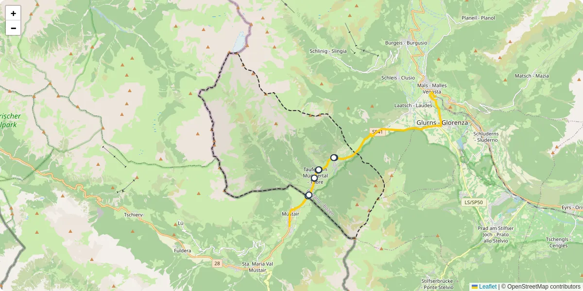 Mappa dettagliata del trasporto pubblico a Taufers im Münstertal - Tubre con linee autobus, tram e collegamenti