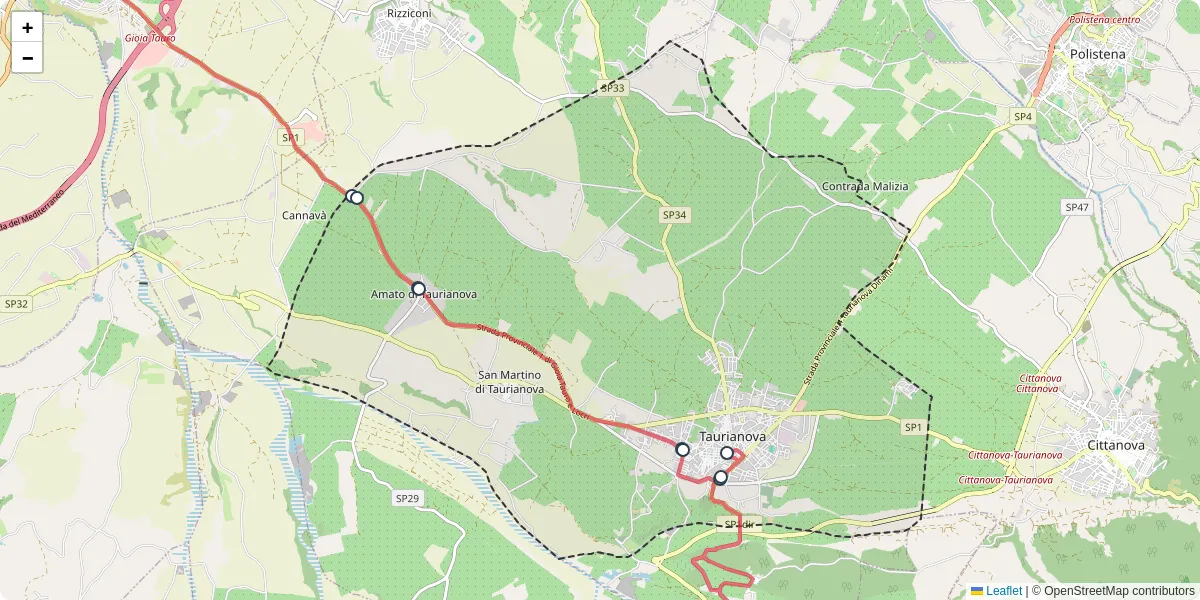 Mappa dettagliata del trasporto pubblico a Taurianova con linee autobus, tram e collegamenti