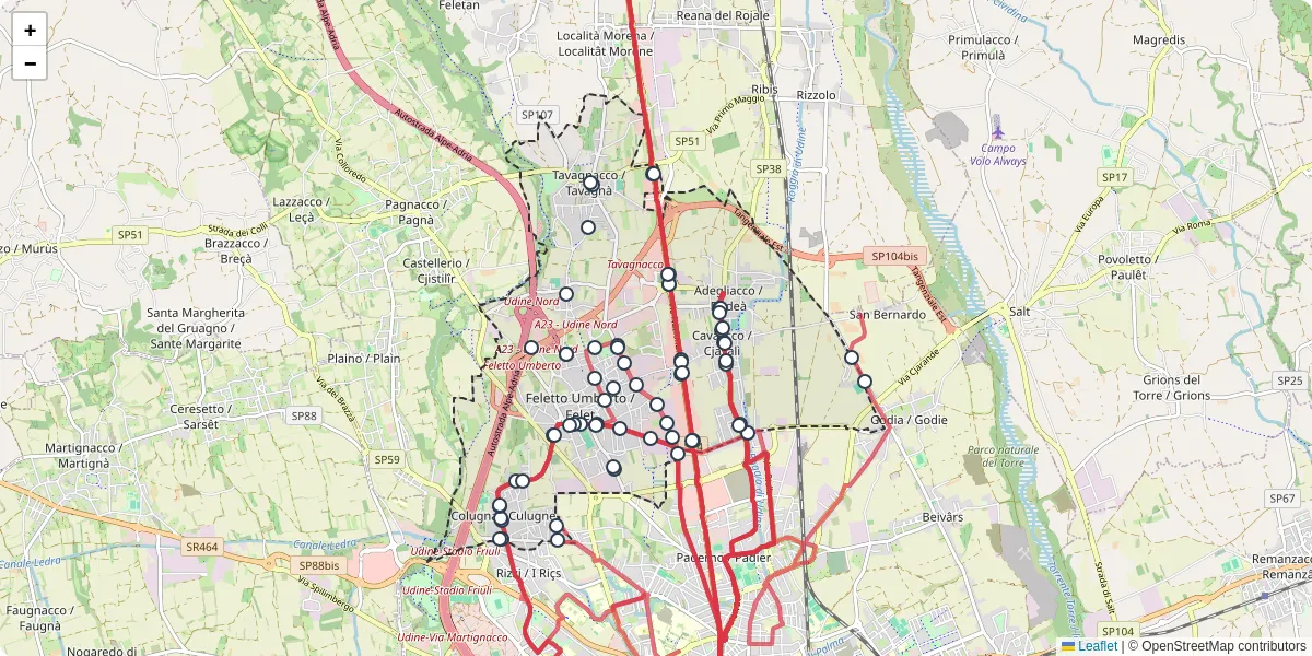Mappa dettagliata del trasporto pubblico a Tavagnacco / Tavagnà con linee autobus, tram e collegamenti