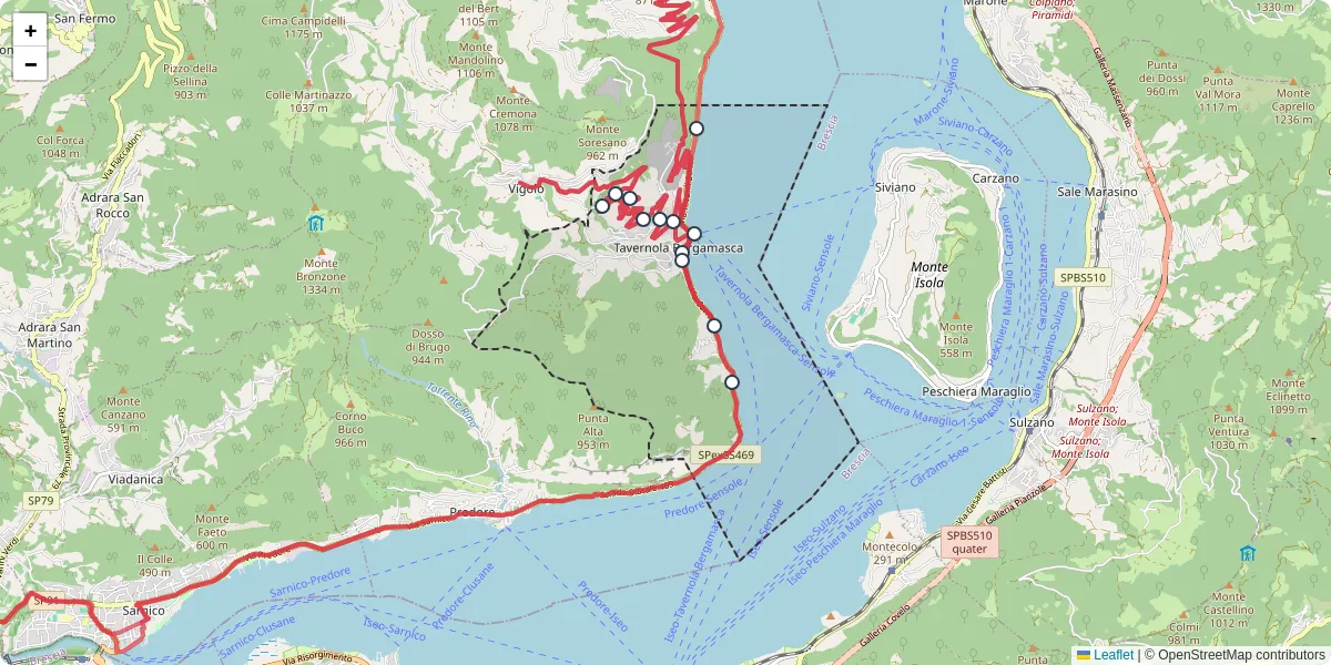 Mappa dettagliata del trasporto pubblico a Tavernola Bergamasca con linee autobus, tram e collegamenti
