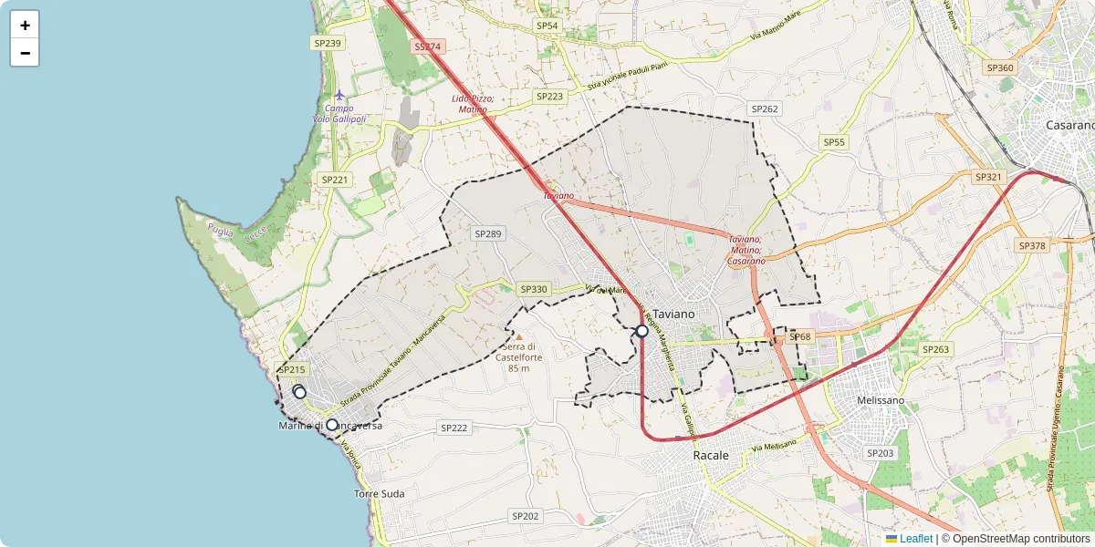 Mappa dettagliata del trasporto pubblico a Taviano con linee autobus, tram e collegamenti