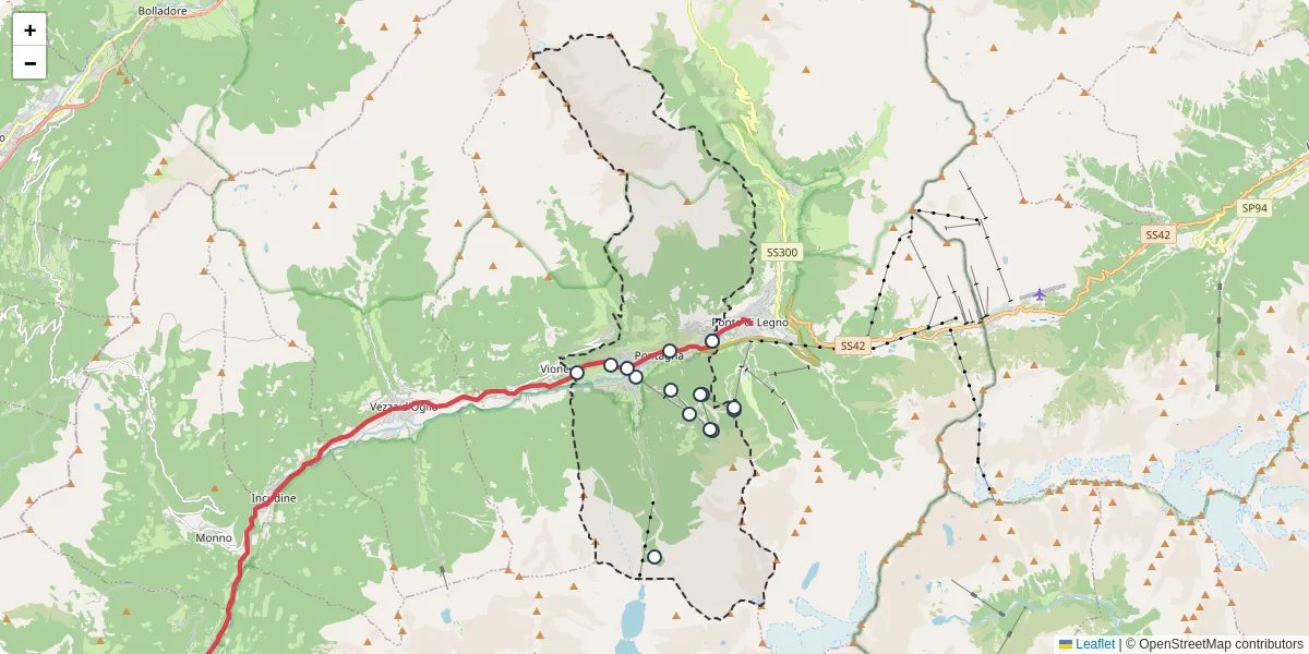 Mappa dettagliata del trasporto pubblico a Temù con linee autobus, tram e collegamenti