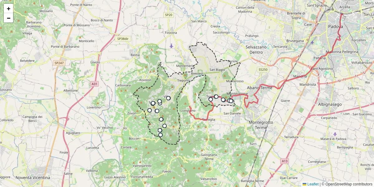 Mappa dettagliata del trasporto pubblico a Teolo con linee autobus, tram e collegamenti