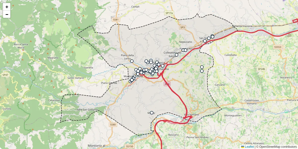 Mappa dettagliata del trasporto pubblico a Teramo con linee autobus, tram e collegamenti
