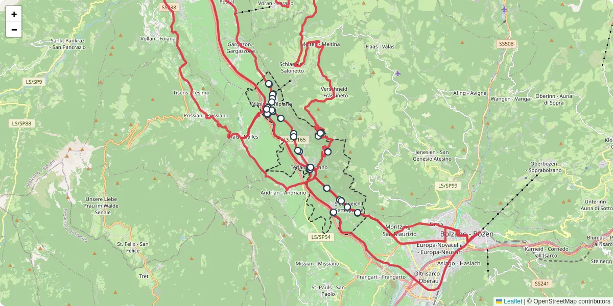 Mappa dettagliata del trasporto pubblico a Terlan - Terlano con linee autobus, tram e collegamenti