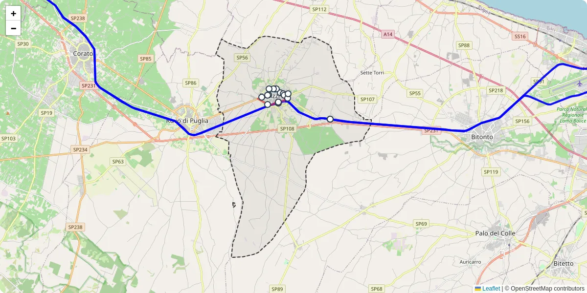 Mappa dettagliata del trasporto pubblico a Terlizzi con linee autobus, tram e collegamenti
