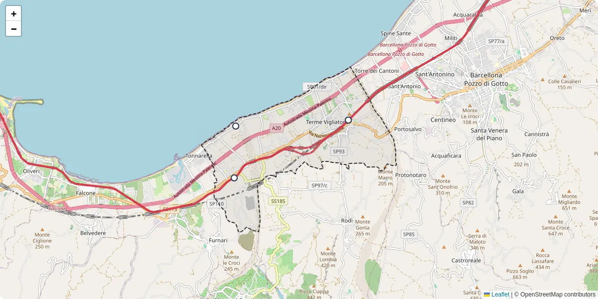 Mappa dettagliata del trasporto pubblico a Terme Vigliatore con linee autobus, tram e collegamenti