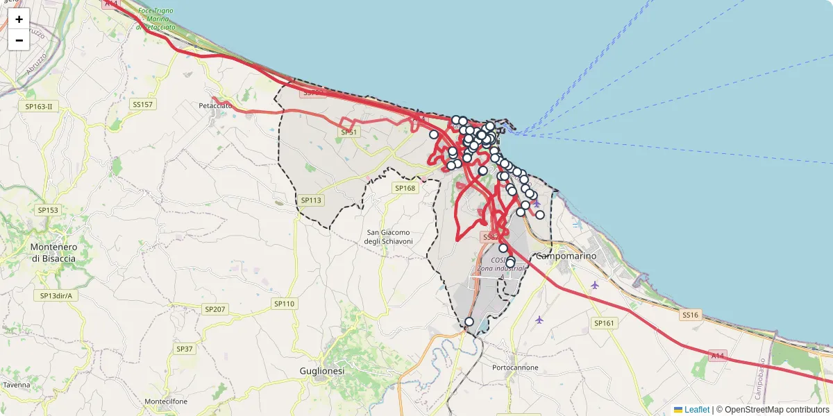 Mappa dettagliata del trasporto pubblico a Termoli con linee autobus, tram e collegamenti