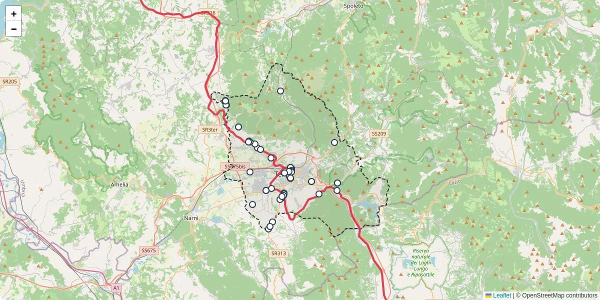 Mappa dettagliata del trasporto pubblico a Terni con linee autobus, tram e collegamenti
