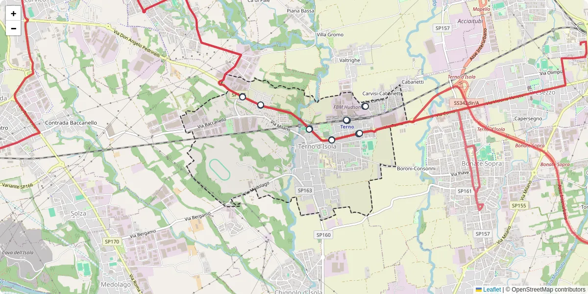 Mappa dettagliata del trasporto pubblico a Terno d'Isola con linee autobus, tram e collegamenti