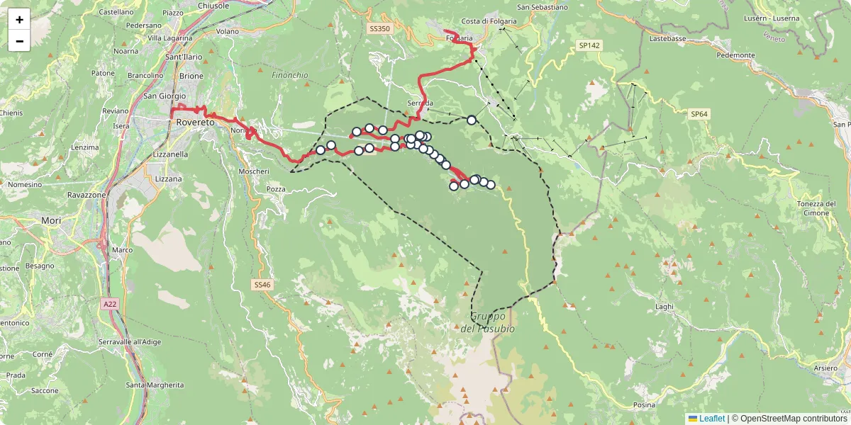 Mappa dettagliata del trasporto pubblico a Terragnolo con linee autobus, tram e collegamenti