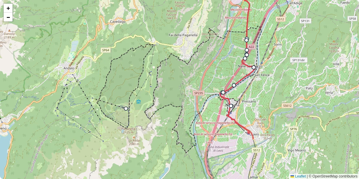 Mappa dettagliata del trasporto pubblico a Terre d'Adige con linee autobus, tram e collegamenti