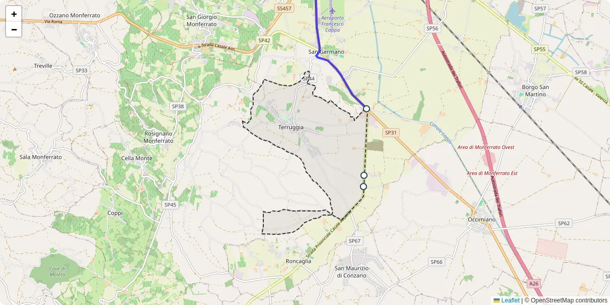 Mappa dettagliata del trasporto pubblico a Terruggia con linee autobus, tram e collegamenti