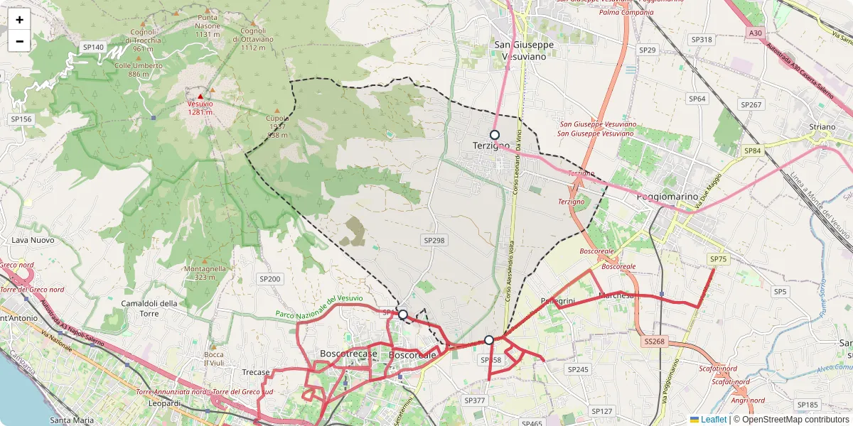 Mappa dettagliata del trasporto pubblico a Terzigno con linee autobus, tram e collegamenti