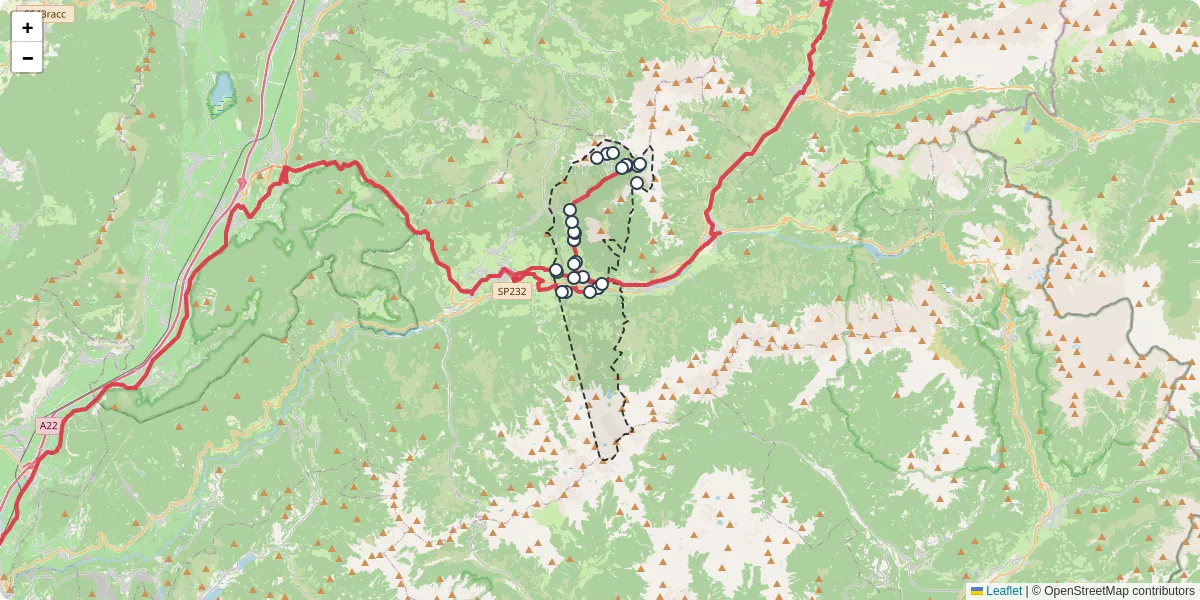Mappa dettagliata del trasporto pubblico a Tesero con linee autobus, tram e collegamenti