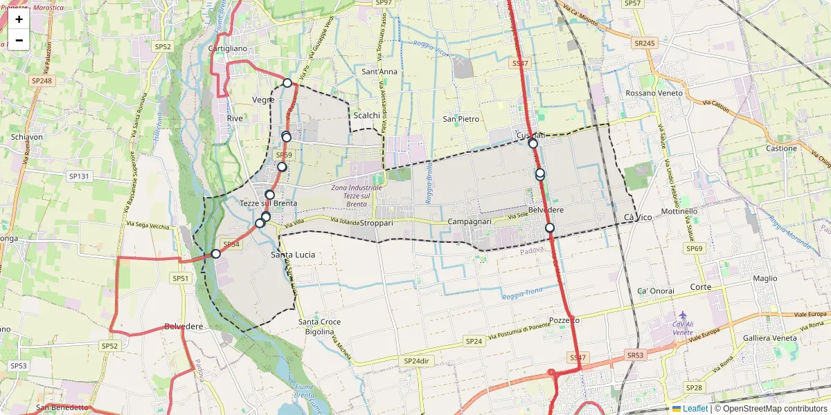 Mappa dettagliata del trasporto pubblico a Tezze sul Brenta con linee autobus, tram e collegamenti