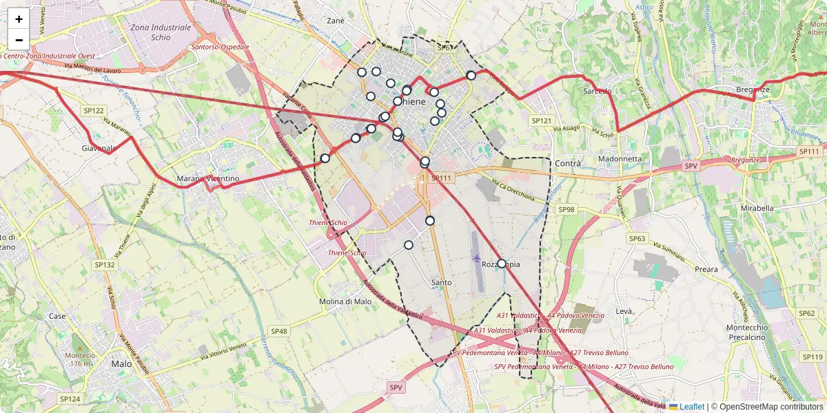 Mappa dettagliata del trasporto pubblico a Thiene con linee autobus, tram e collegamenti