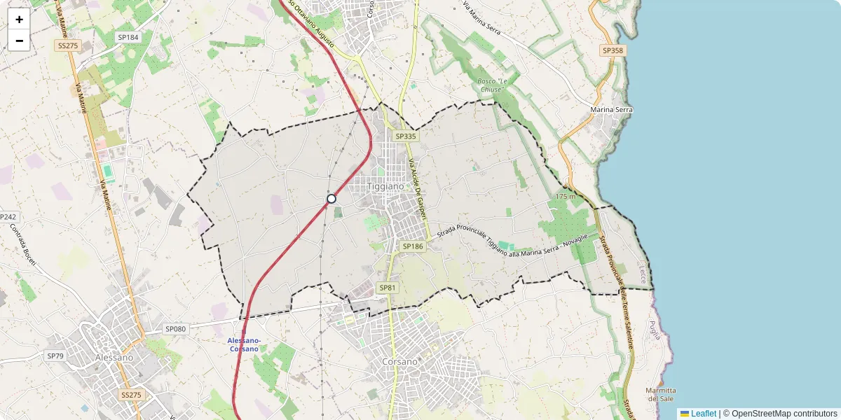 Mappa dettagliata del trasporto pubblico a Tiggiano con linee autobus, tram e collegamenti
