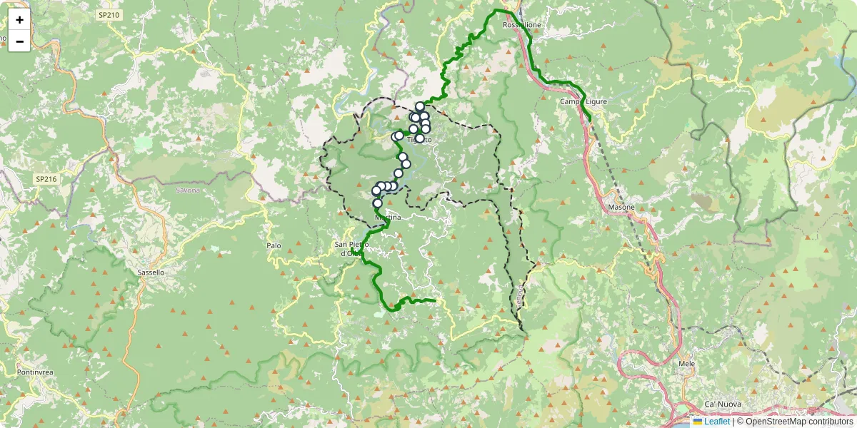Mappa dettagliata del trasporto pubblico a Tiglieto con linee autobus, tram e collegamenti