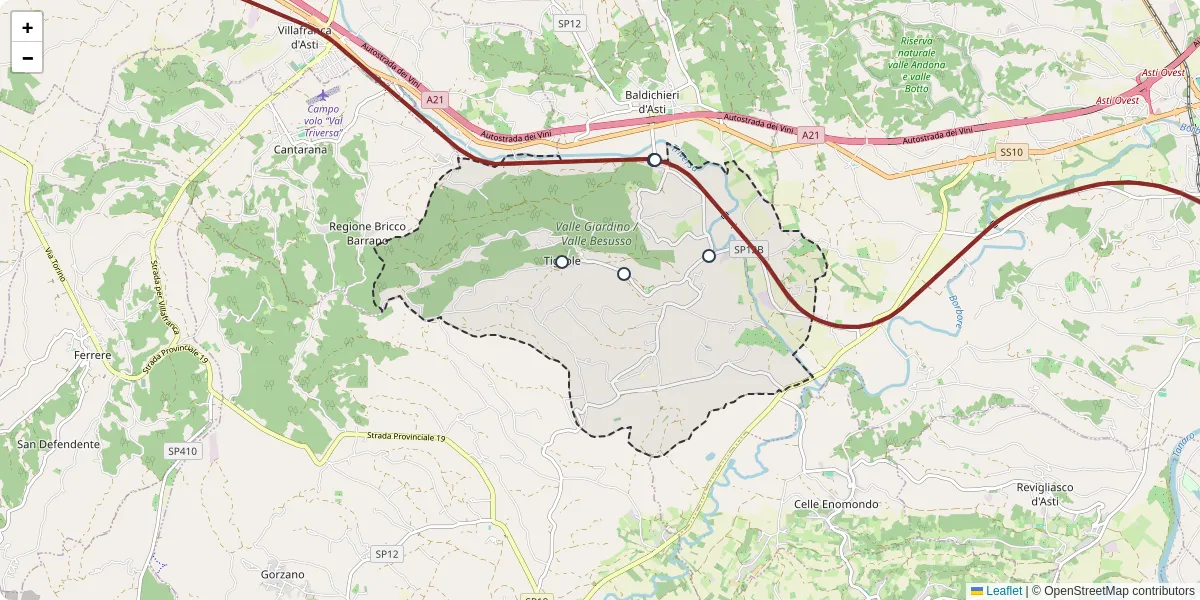 Mappa dettagliata del trasporto pubblico a Tigliole con linee autobus, tram e collegamenti