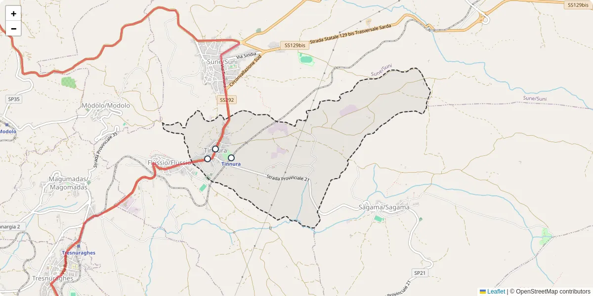 Mappa dettagliata del trasporto pubblico a Tinnura con linee autobus, tram e collegamenti