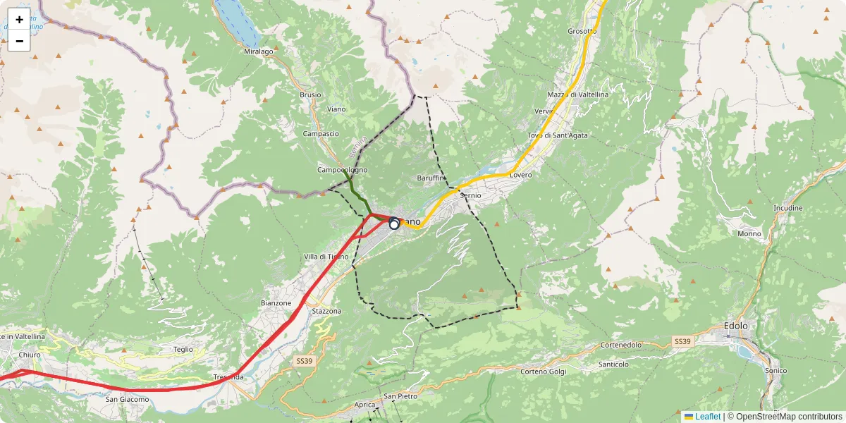 Mappa dettagliata del trasporto pubblico a Tirano con linee autobus, tram e collegamenti