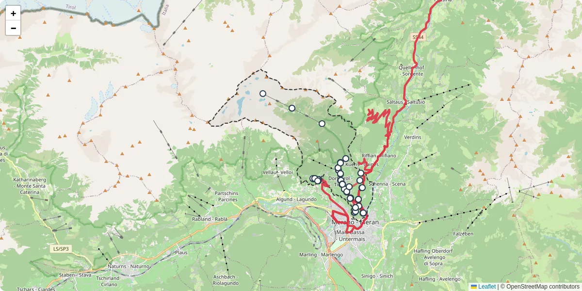 Mappa dettagliata del trasporto pubblico a Tirol - Tirolo con linee autobus, tram e collegamenti