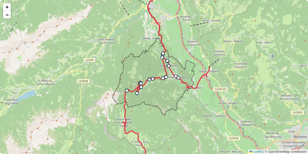 Mappa dettagliata del trasporto pubblico a Tisens - Tesimo con linee autobus, tram e collegamenti