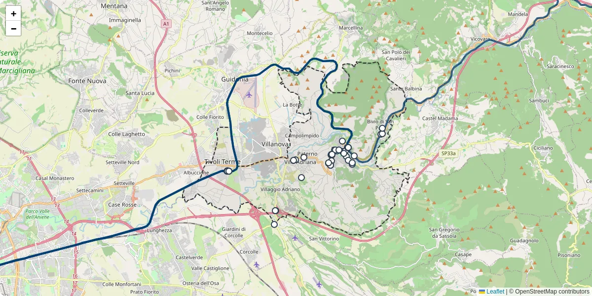 Mappa dettagliata del trasporto pubblico a Tivoli con linee autobus, tram e collegamenti