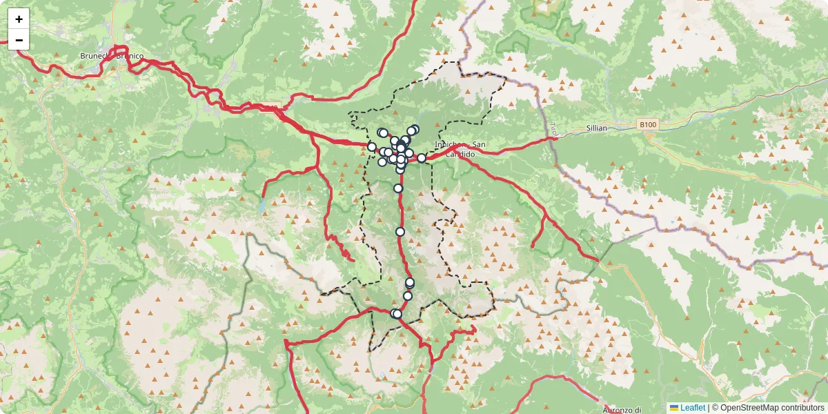 Mappa dettagliata del trasporto pubblico a Toblach - Dobbiaco con linee autobus, tram e collegamenti